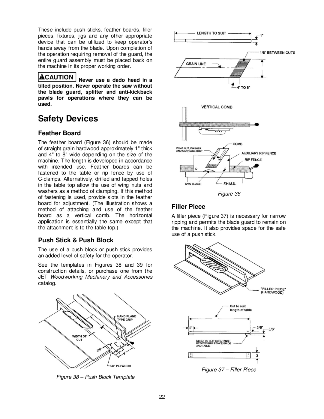 Jet Tools JPS-10TS operating instructions Safety Devices, Feather Board, Push Stick & Push Block, Filler Piece 