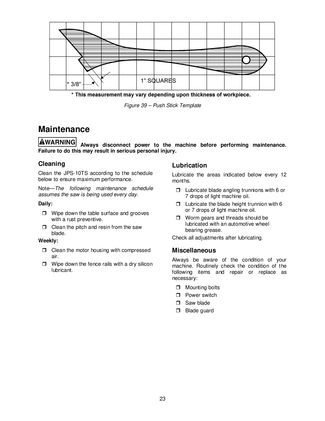 Jet Tools JPS-10TS operating instructions Maintenance, Cleaning, Lubrication, Miscellaneous 