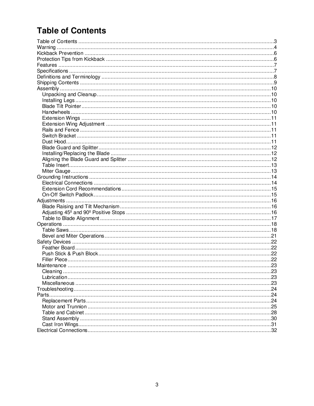 Jet Tools JPS-10TS operating instructions Table of Contents 