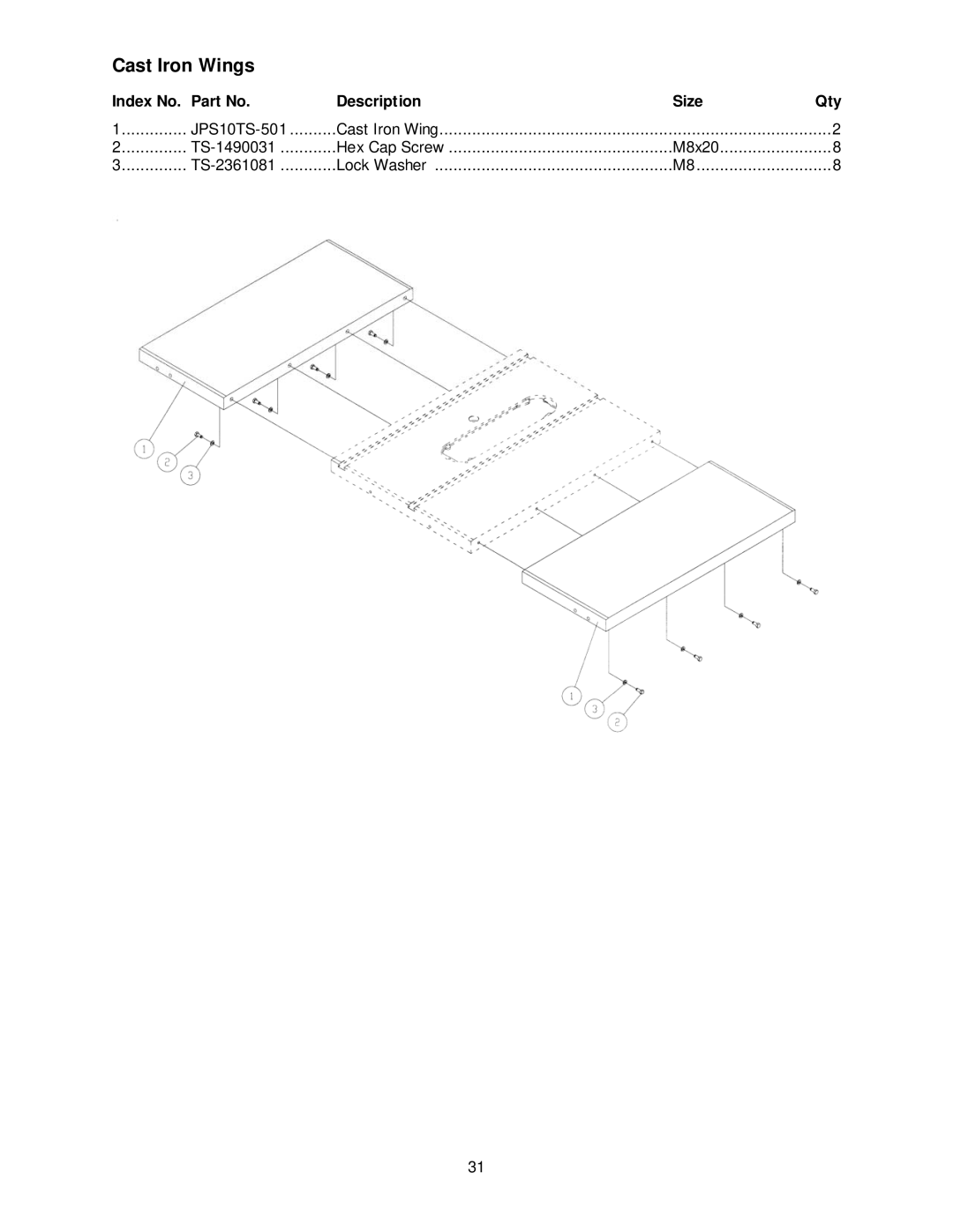 Jet Tools JPS-10TS operating instructions Cast Iron Wings, Index No. Part No Description Size Qty 