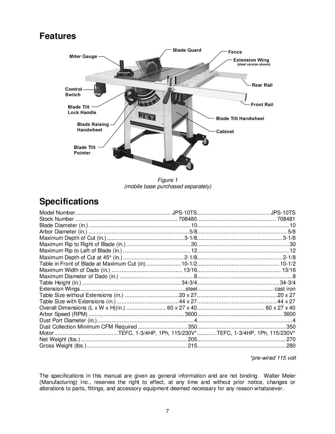 Jet Tools JPS-10TS operating instructions Features, Specifications 