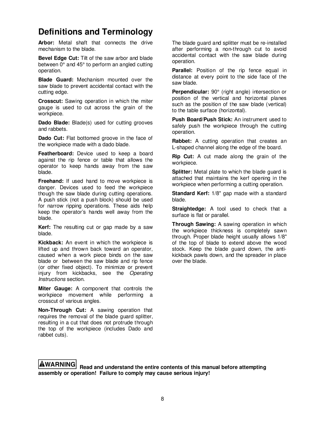 Jet Tools JPS-10TS operating instructions Definitions and Terminology 