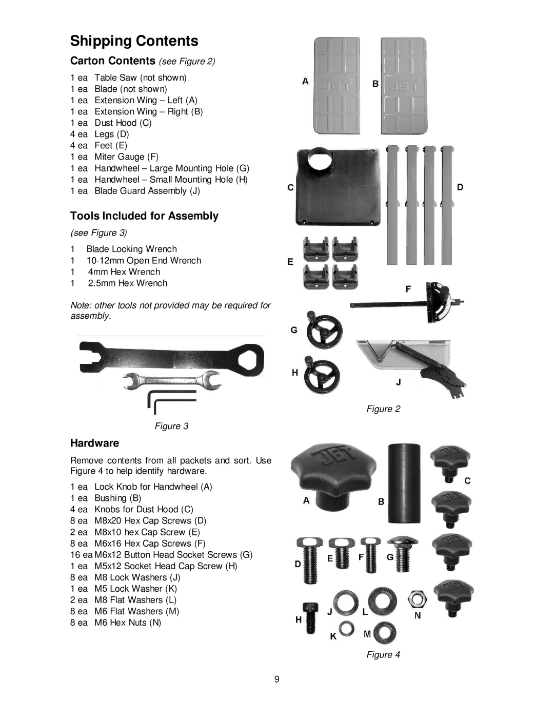 Jet Tools JPS-10TS operating instructions Shipping Contents 