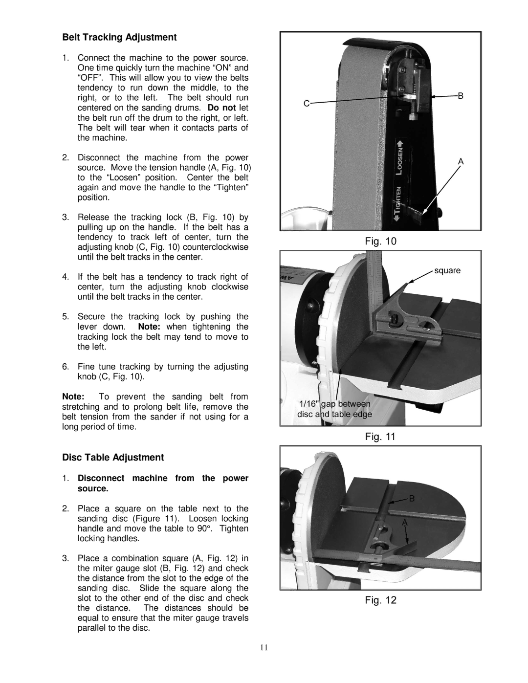 Jet Tools JSG-96 Belt Tracking Adjustment, Disc Table Adjustment, Disconnect machine from the power source 