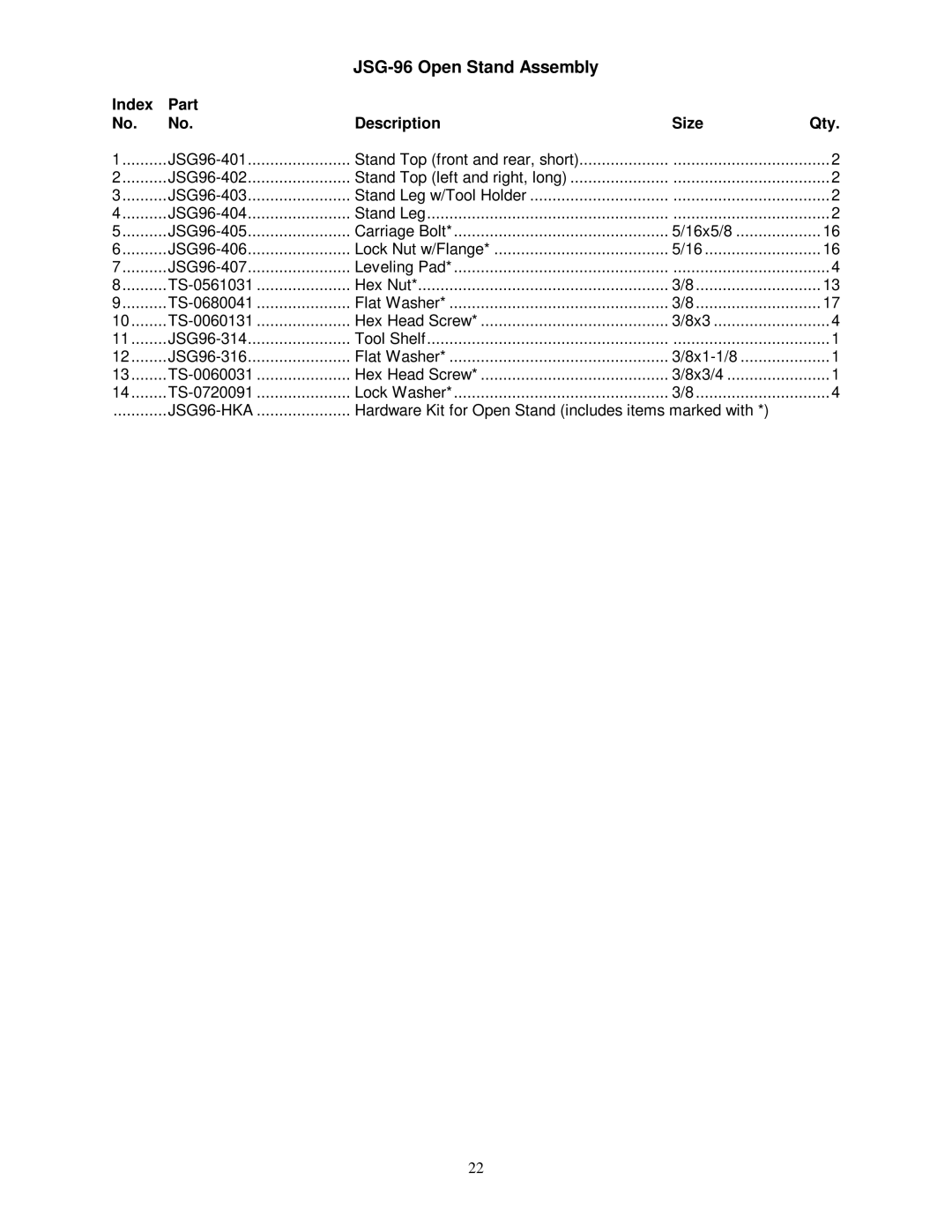 Jet Tools operating instructions JSG-96 Open Stand Assembly 