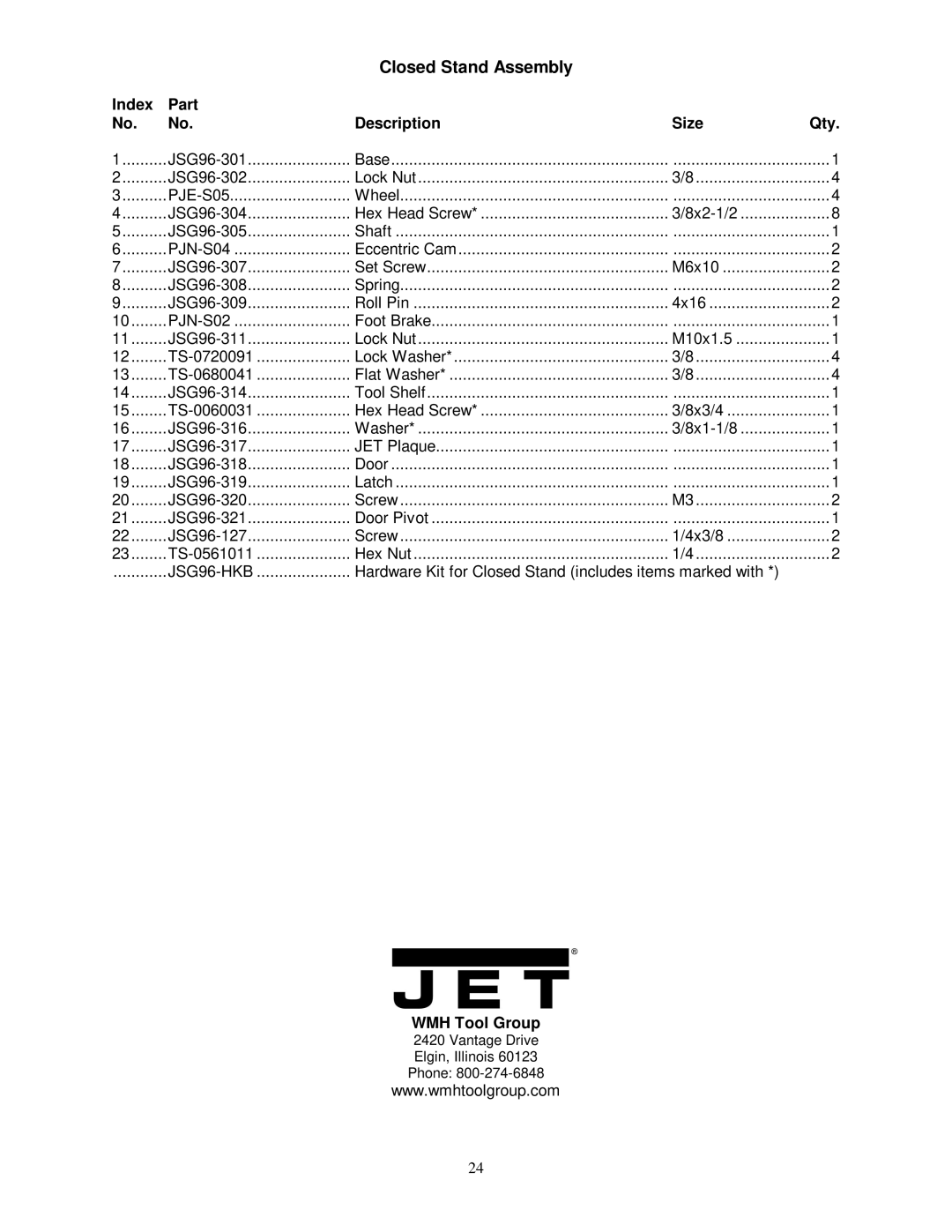 Jet Tools JSG-96 operating instructions Closed Stand Assembly, WMH Tool Group 