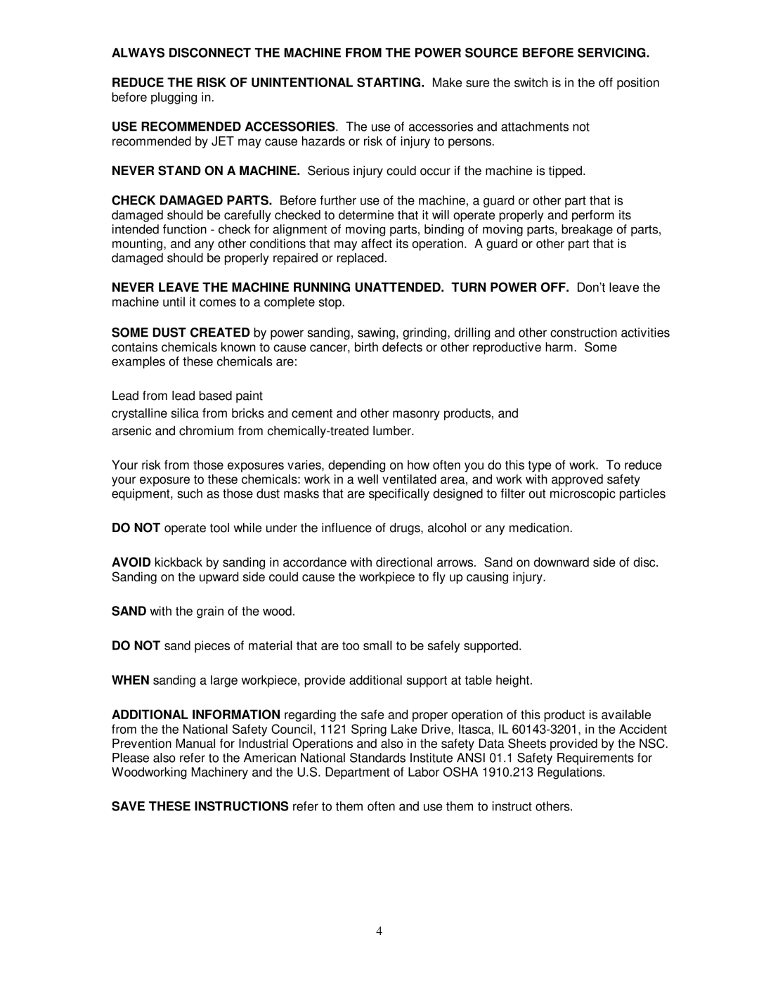 Jet Tools JSG-96 operating instructions 