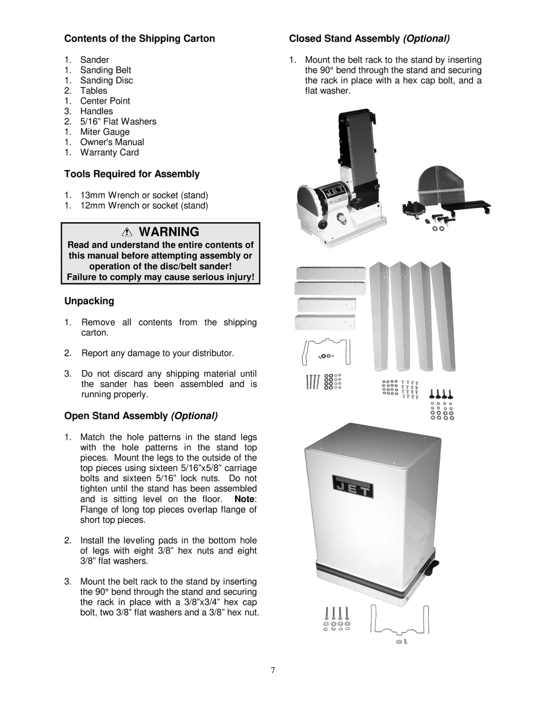 Jet Tools JSG-96 Contents of the Shipping Carton, Tools Required for Assembly, Unpacking, Open Stand Assembly Optional 