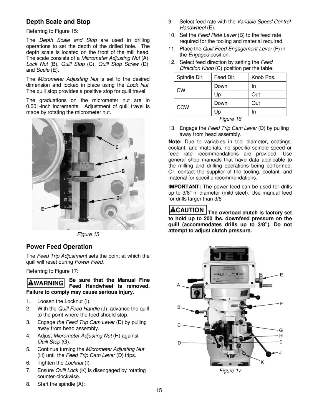 Jet Tools JTM-4VS operating instructions Depth Scale and Stop, Power Feed Operation, Ccw 