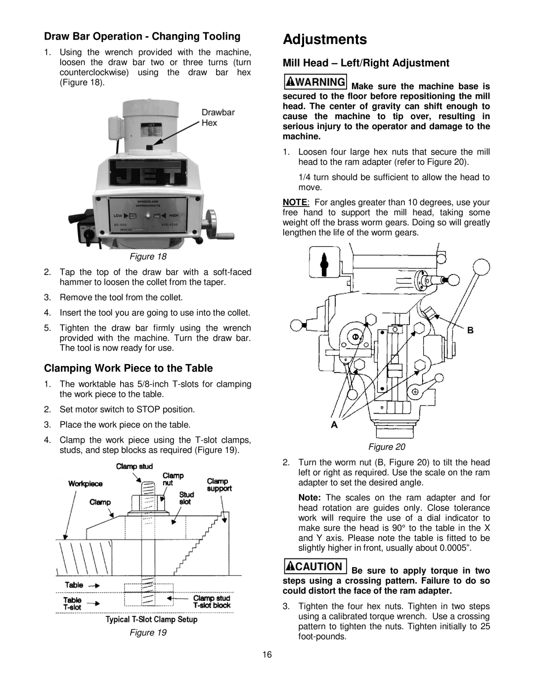 Jet Tools JTM-4VS operating instructions Adjustments, Draw Bar Operation Changing Tooling, Clamping Work Piece to the Table 