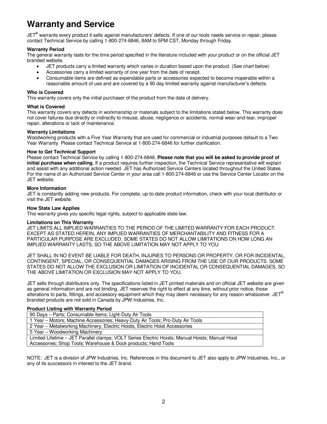 Jet Tools JTM-4VS operating instructions Warranty and Service, Warranty Period 