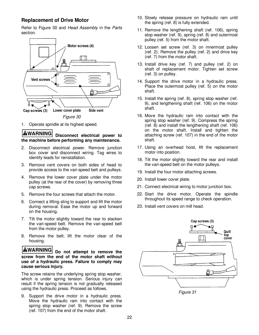 Jet Tools JTM-4VS operating instructions Replacement of Drive Motor 