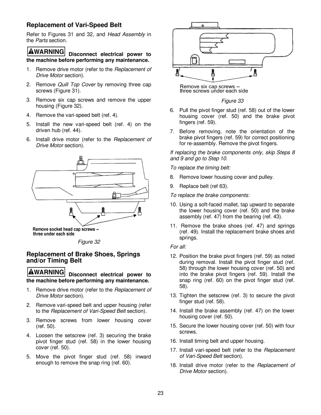 Jet Tools JTM-4VS Replacement of Vari-Speed Belt, Replacement of Brake Shoes, Springs and/or Timing Belt 