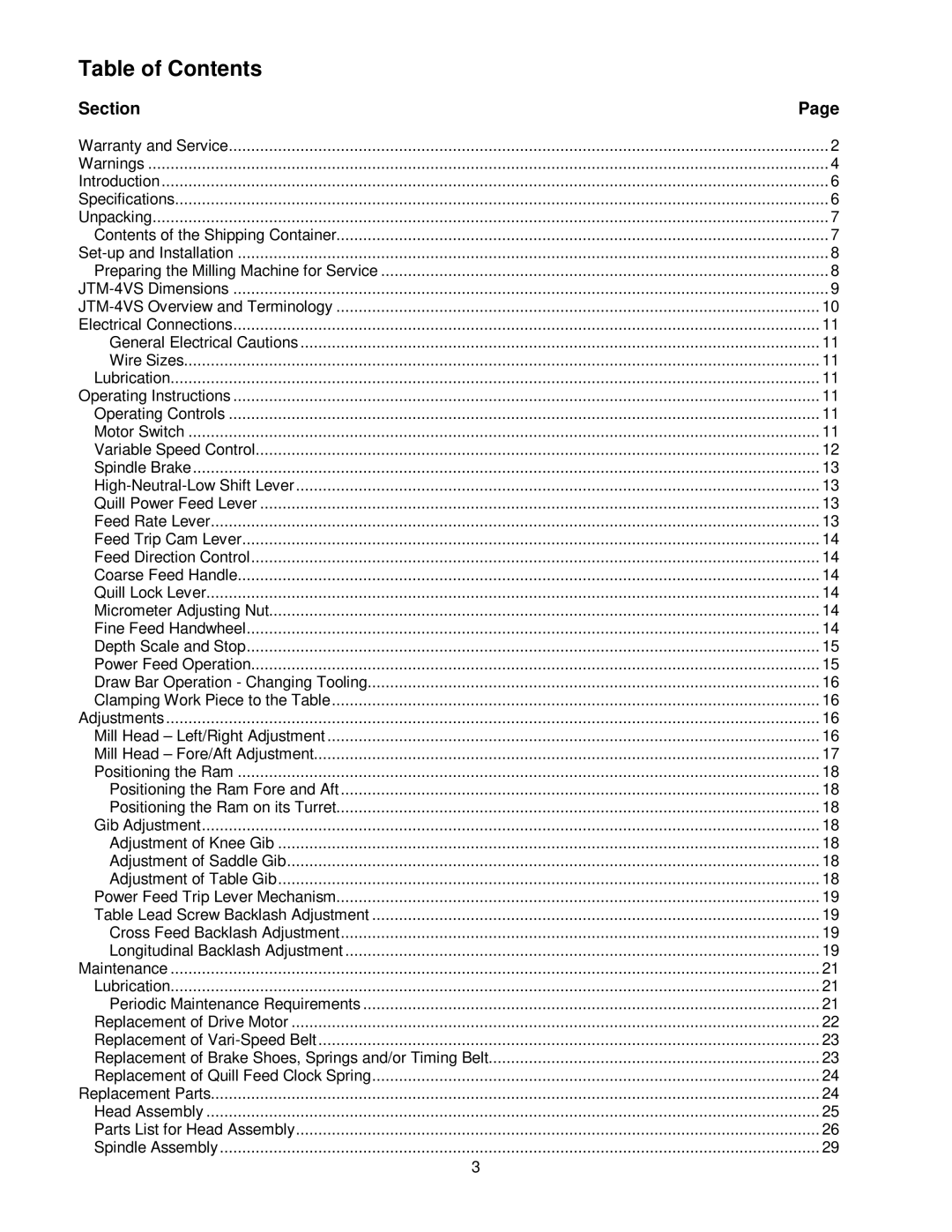 Jet Tools JTM-4VS operating instructions Table of Contents 