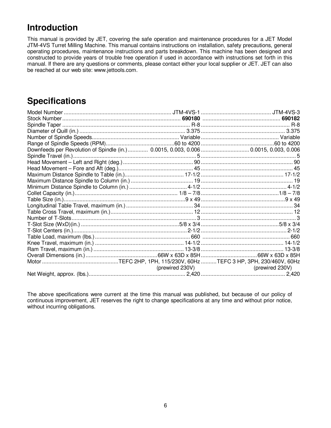 Jet Tools operating instructions Introduction Specifications, JTM-4VS-1, 690180 