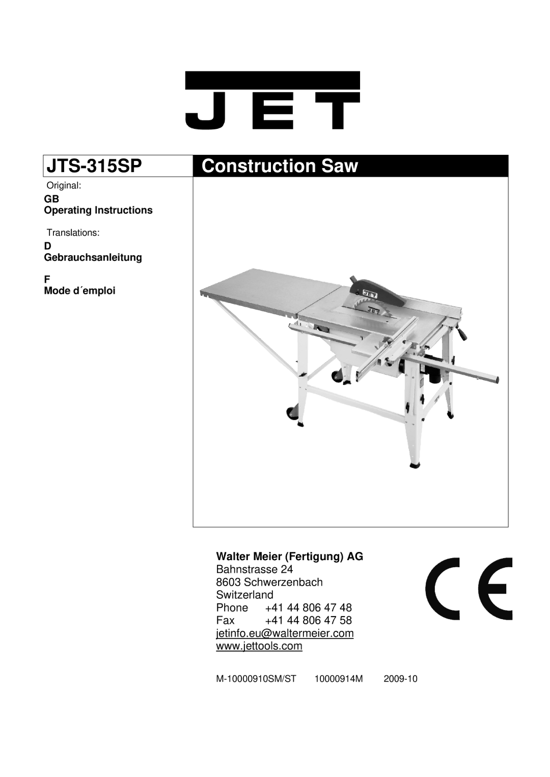 Jet Tools JTS-315SP operating instructions Construction Saw 