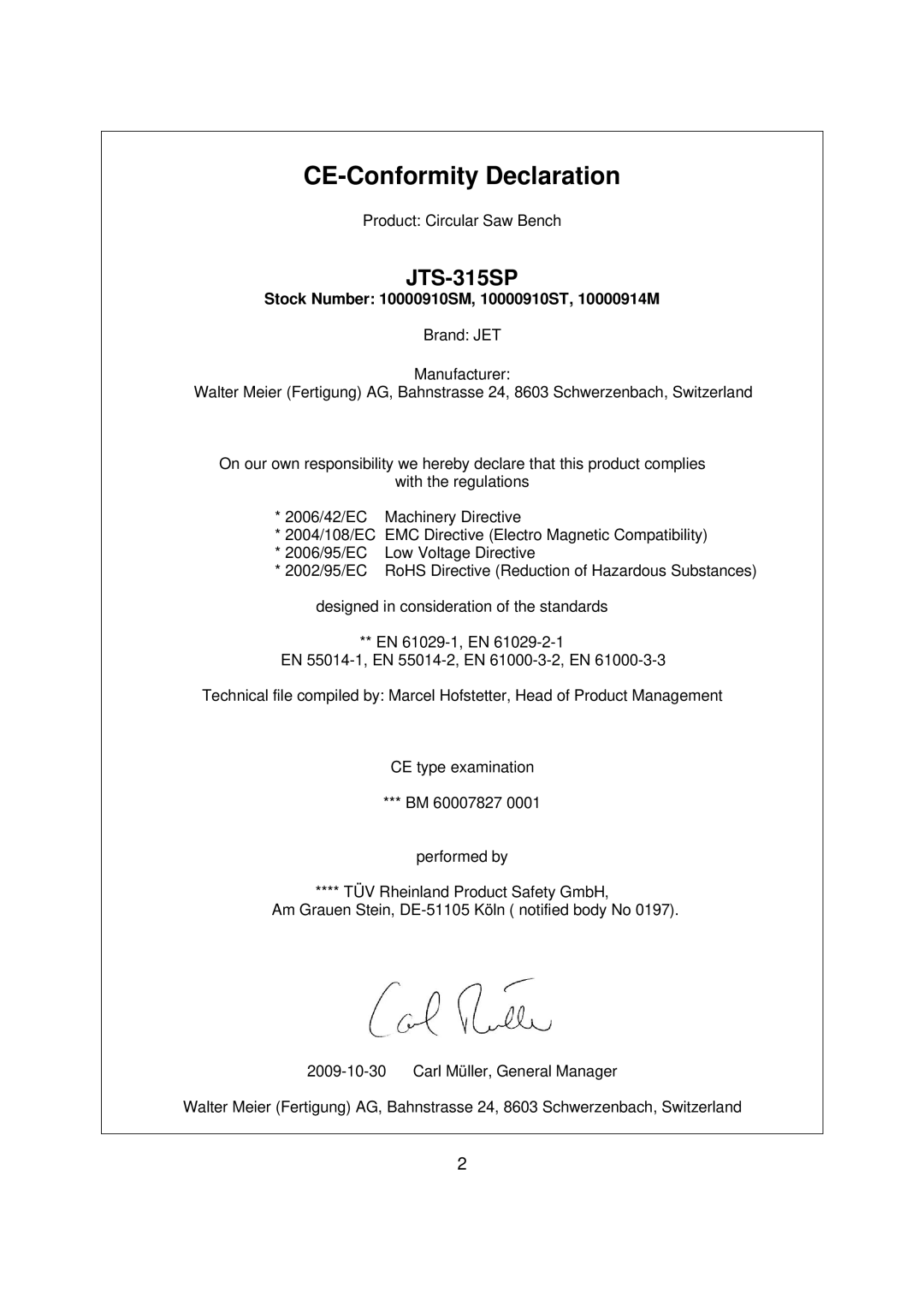 Jet Tools JTS-315SP operating instructions CE-Conformity Declaration 