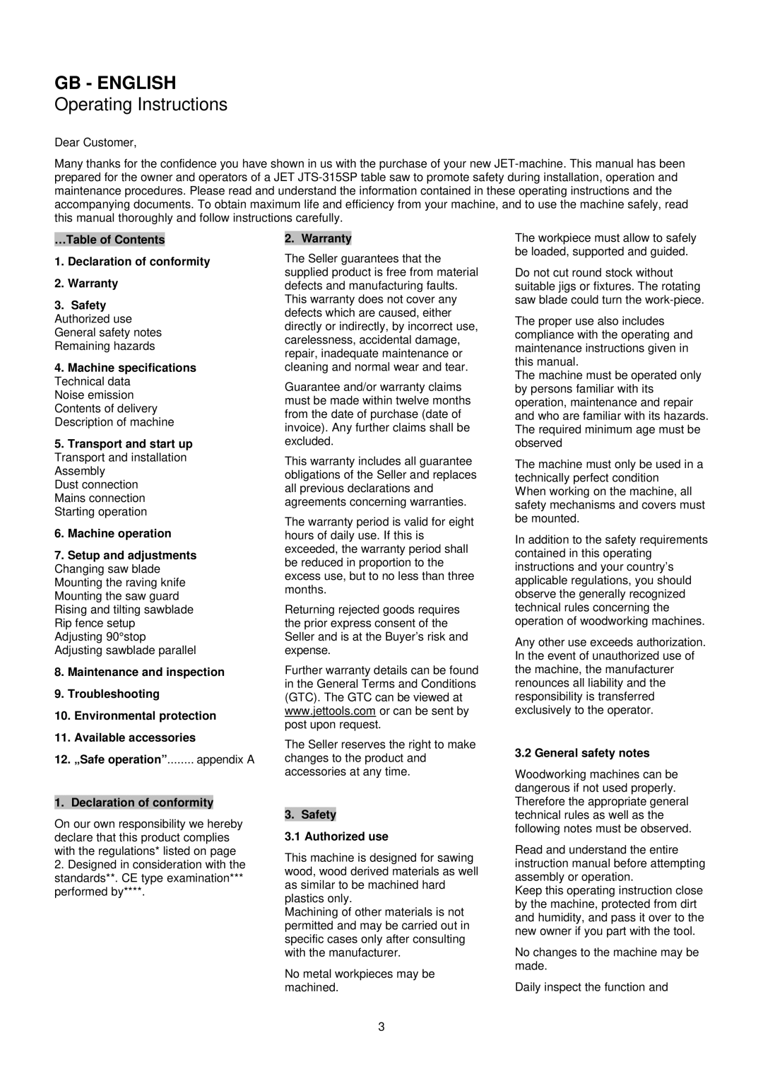 Jet Tools JTS-315SP Machine specifications Technical data, Transport and start up Transport and installation Assembly 