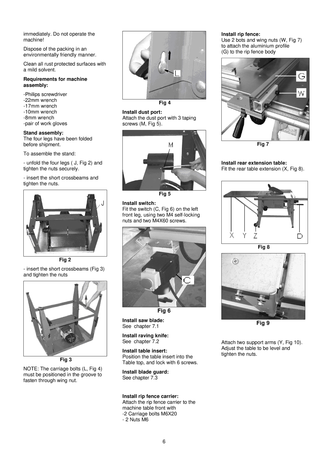 Jet Tools JTS-315SP Requirements for machine assembly, Stand assembly, Install dust port, Install switch 