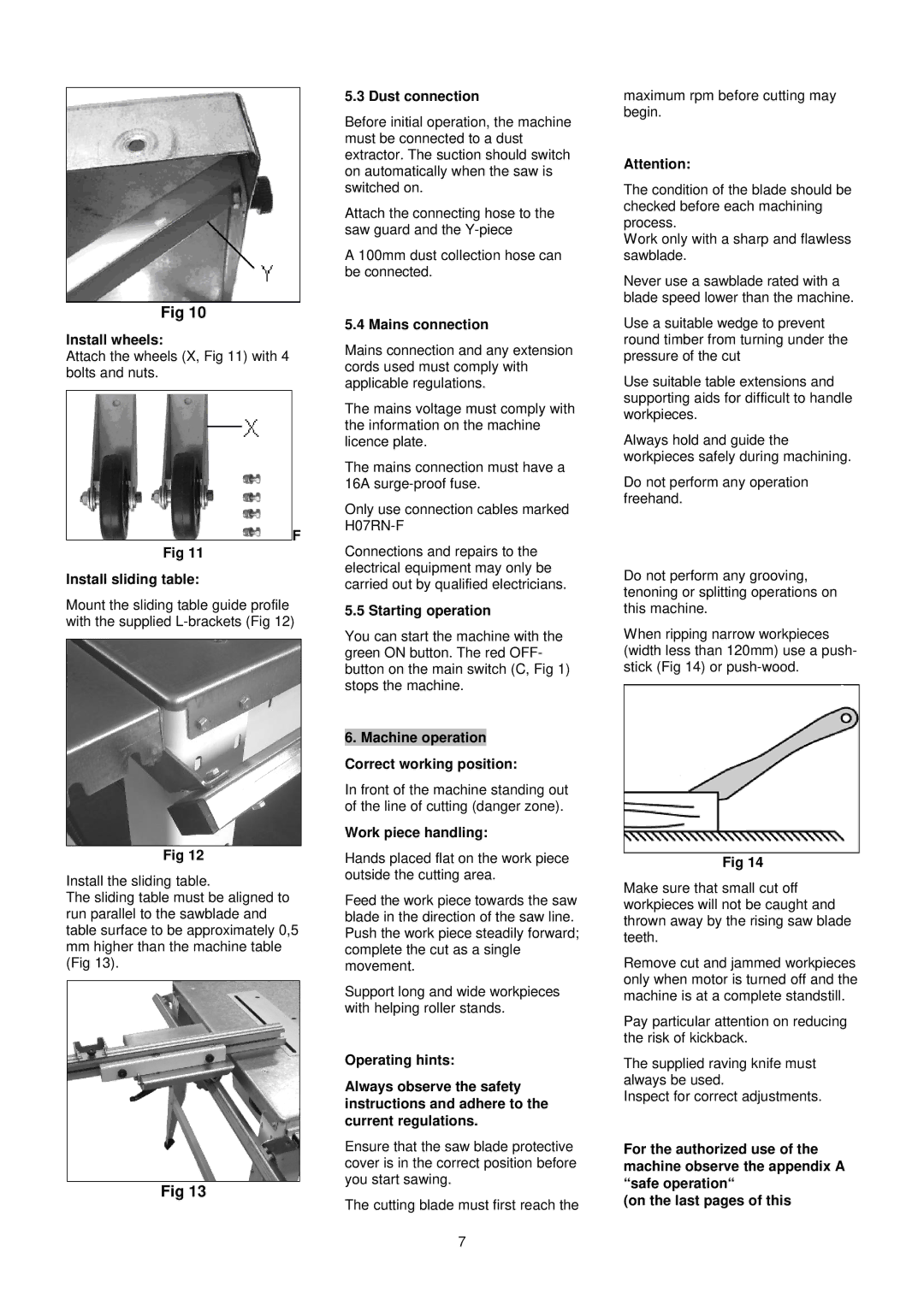 Jet Tools JTS-315SP Install wheels, Install sliding table, Dust connection, Mains connection, Starting operation 