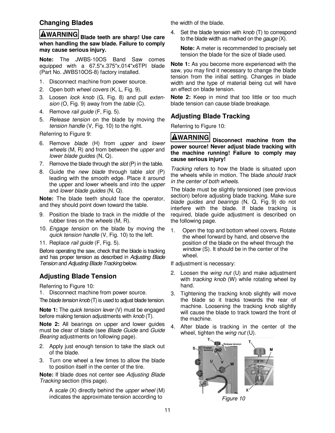 Jet Tools JWBS-10OS operating instructions Changing Blades, Adjusting Blade Tension, Adjusting Blade Tracking 