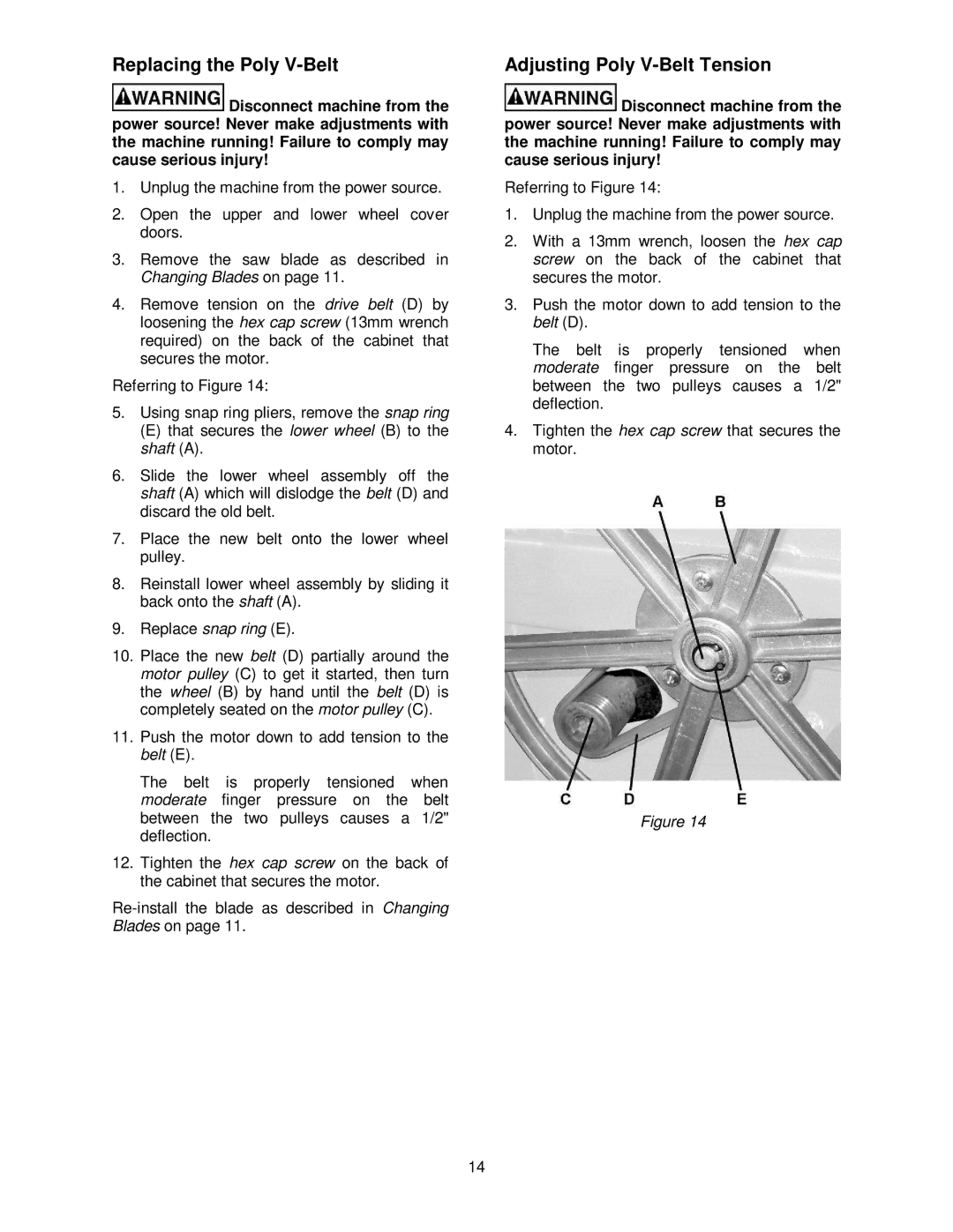 Jet Tools JWBS-10OS operating instructions Replacing the Poly V-Belt, Adjusting Poly V-Belt Tension 