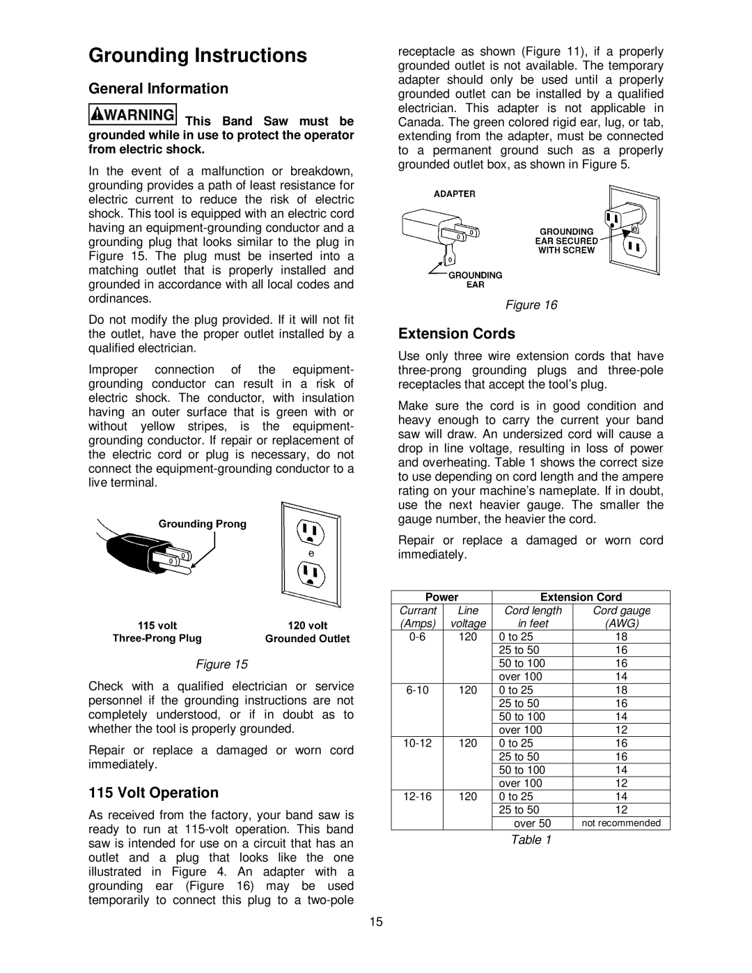 Jet Tools JWBS-10OS operating instructions Grounding Instructions, General Information, Volt Operation, Extension Cords 