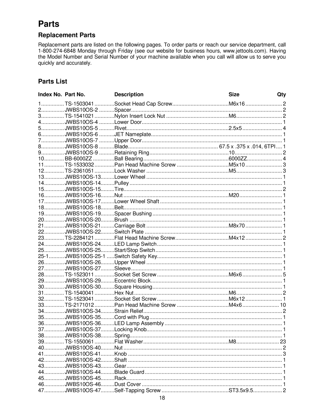 Jet Tools JWBS-10OS operating instructions Replacement Parts Parts List 