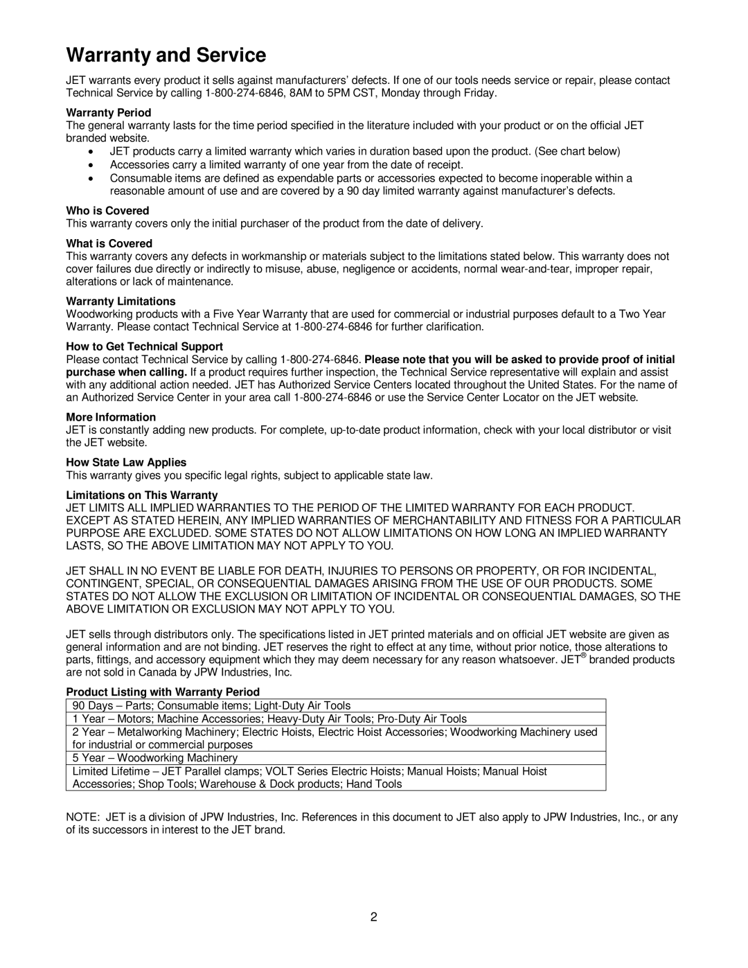 Jet Tools JWBS-10OS operating instructions Warranty and Service, Warranty Period 