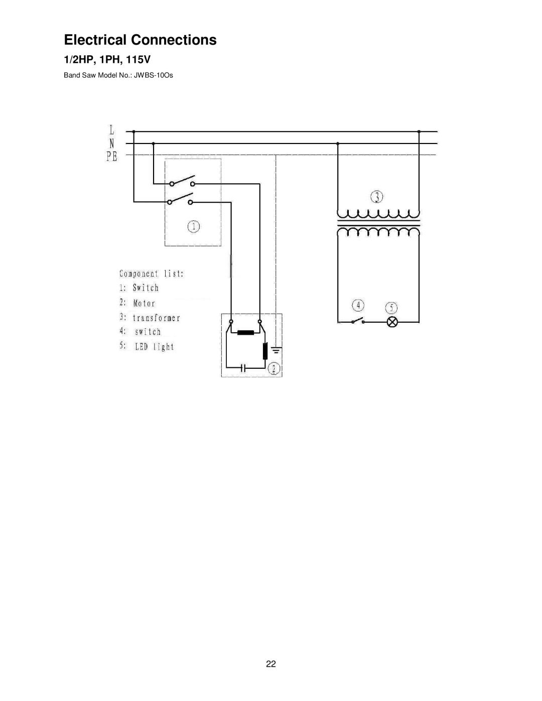 Jet Tools JWBS-10OS operating instructions Electrical Connections, 2HP, 1PH 