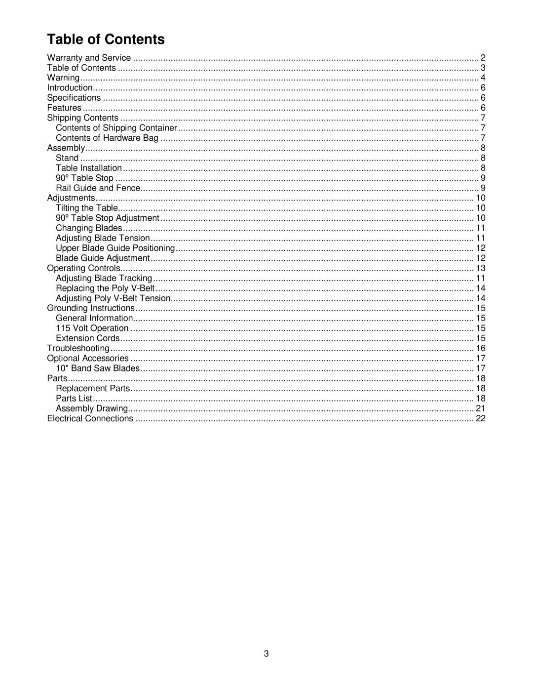 Jet Tools JWBS-10OS operating instructions Table of Contents 