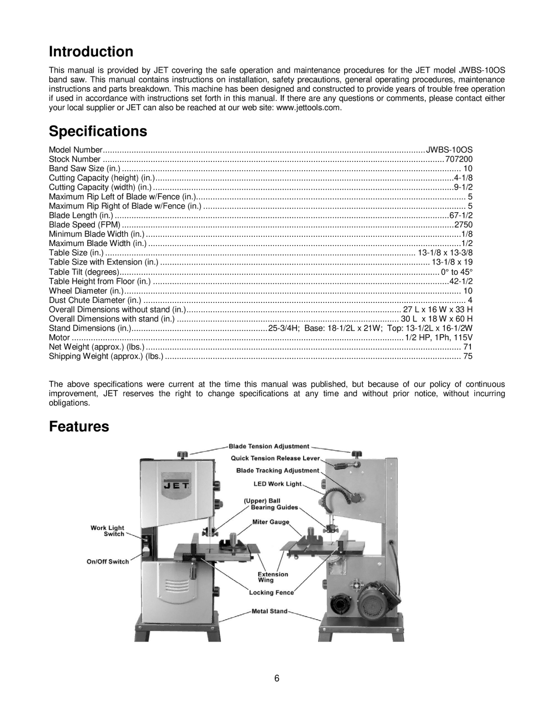 Jet Tools JWBS-10OS operating instructions Introduction Specifications, Features 