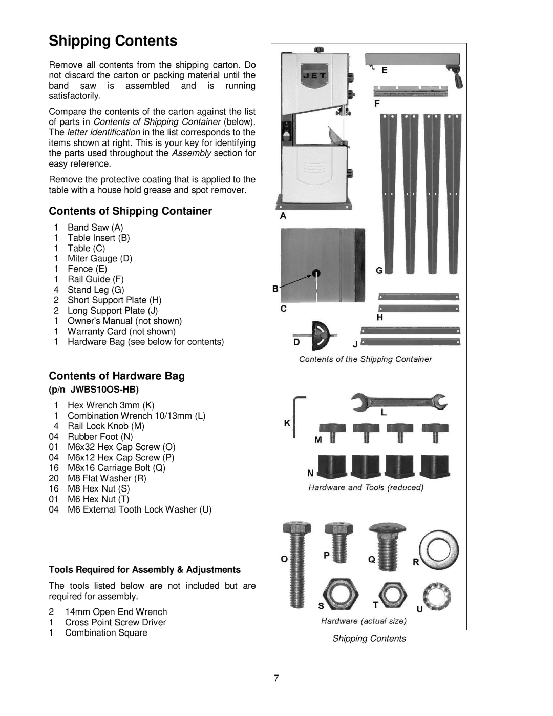 Jet Tools JWBS-10OS operating instructions Shipping Contents 