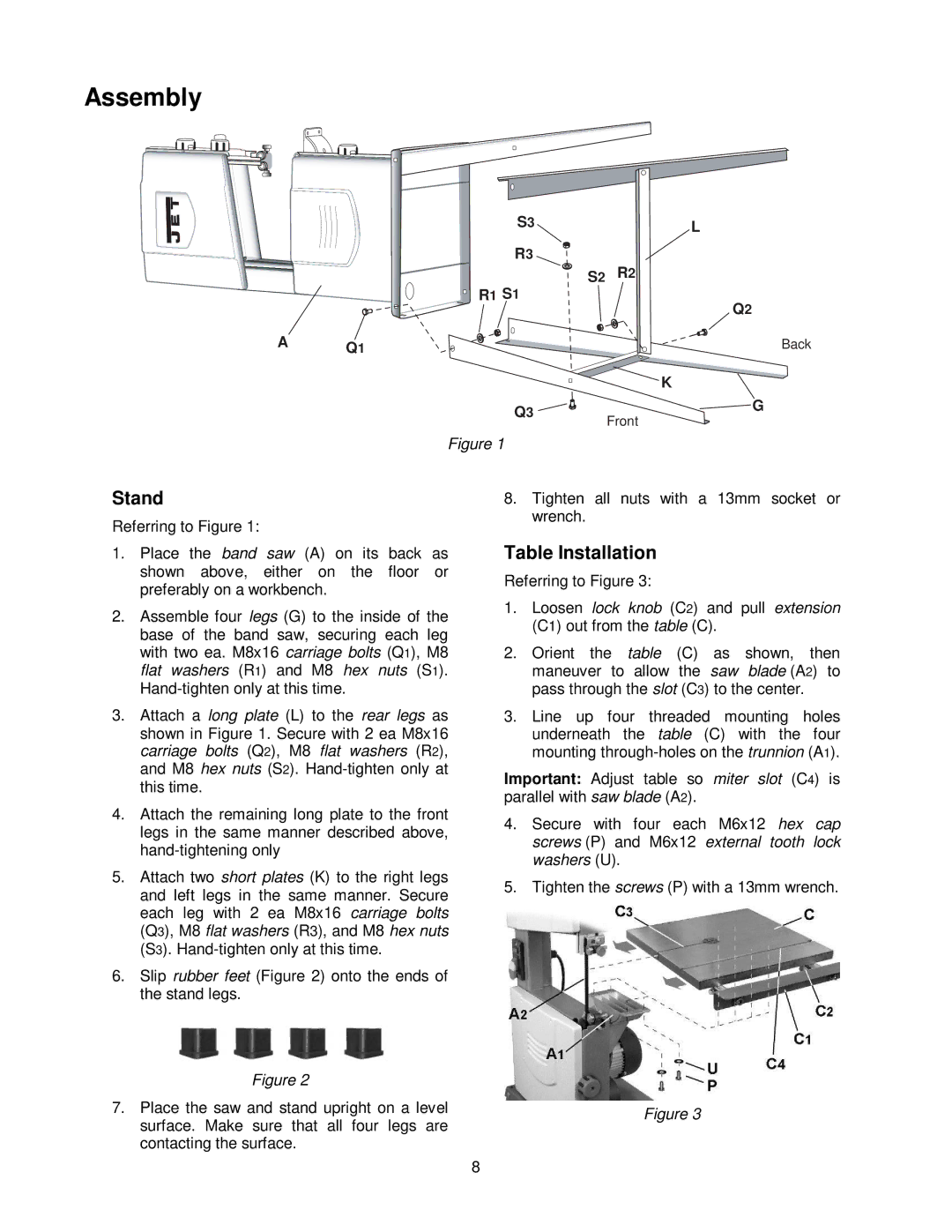 Jet Tools JWBS-10OS operating instructions Assembly, Stand, Table Installation 