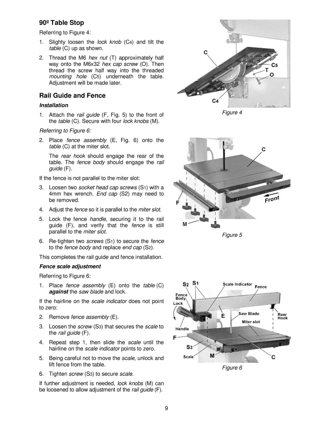 Jet Tools JWBS-10OS operating instructions 90º Table Stop, Rail Guide and Fence, Installation, Fence scale adjustment 