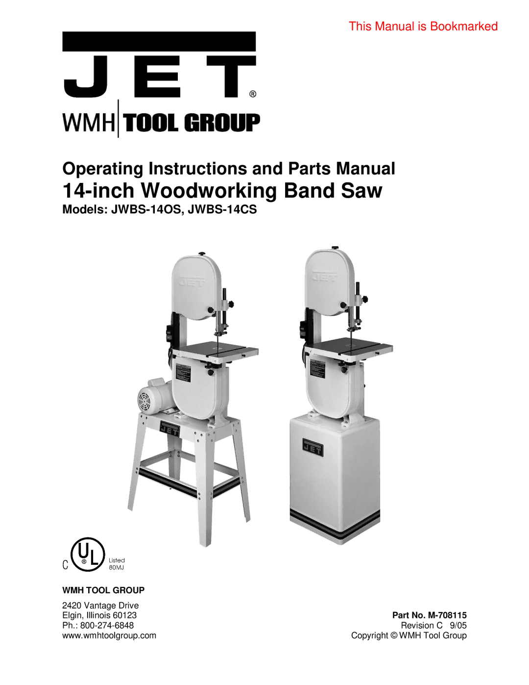 Jet Tools JWBS-14OS, JWBS-14CS operating instructions Inch Woodworking Band Saw, Part No. M-708115 