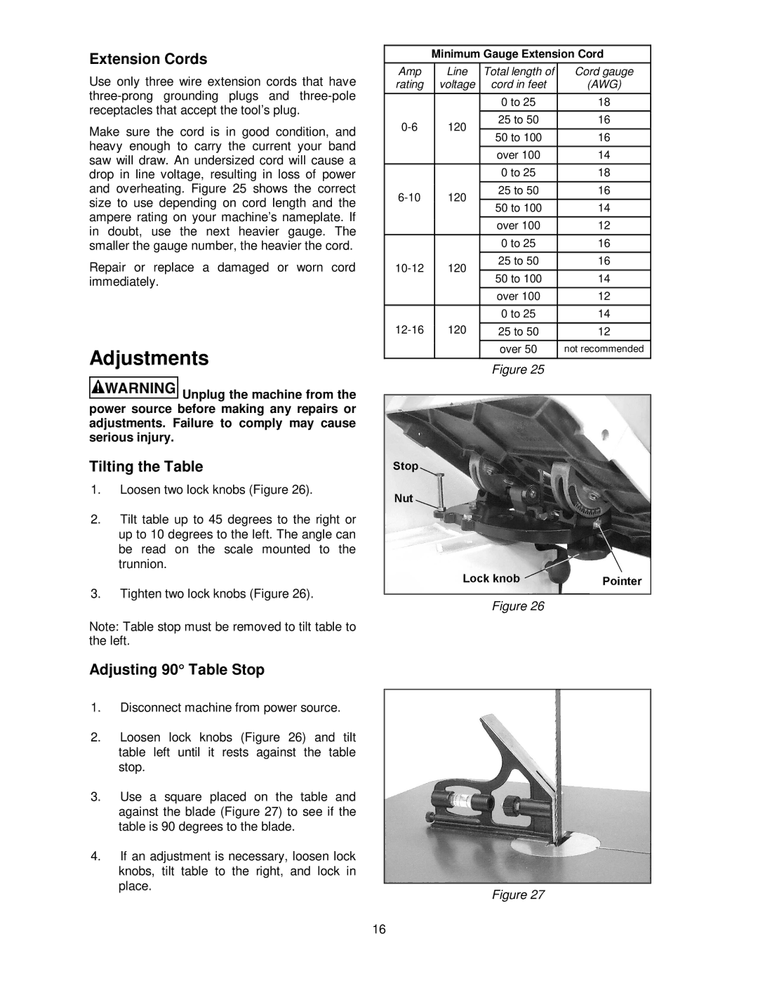 Jet Tools JWBS-14CS, JWBS-14OS Adjustments, Extension Cords, Tilting the Table, Adjusting 90 Table Stop 