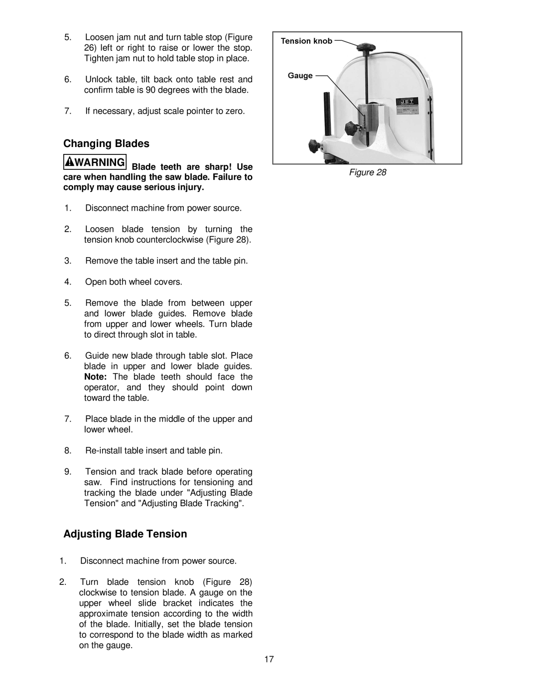 Jet Tools JWBS-14OS, JWBS-14CS operating instructions Changing Blades, Adjusting Blade Tension 