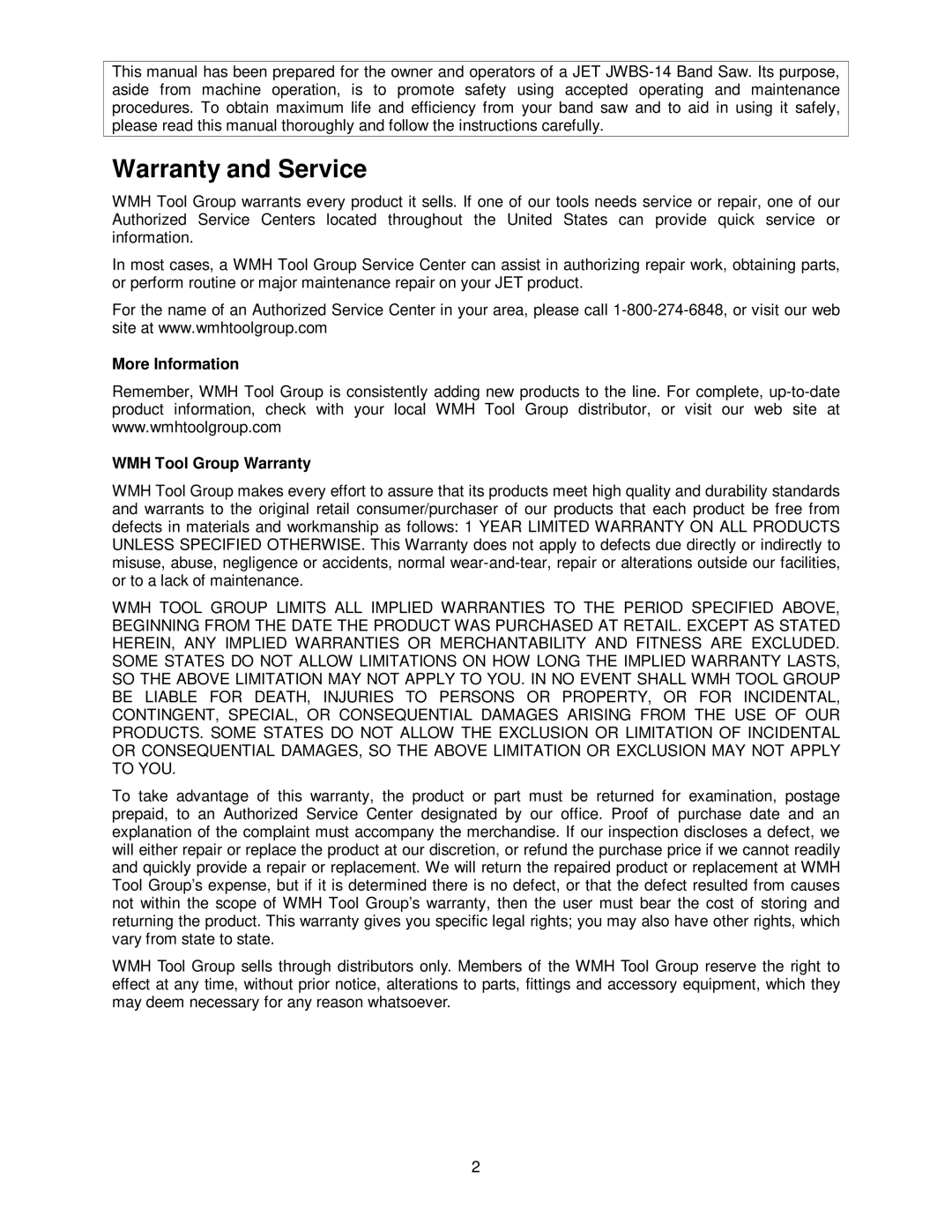 Jet Tools JWBS-14CS, JWBS-14OS operating instructions Warranty and Service, More Information WMH Tool Group Warranty 