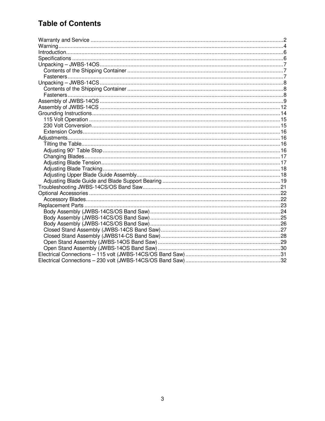 Jet Tools JWBS-14OS, JWBS-14CS operating instructions Table of Contents 