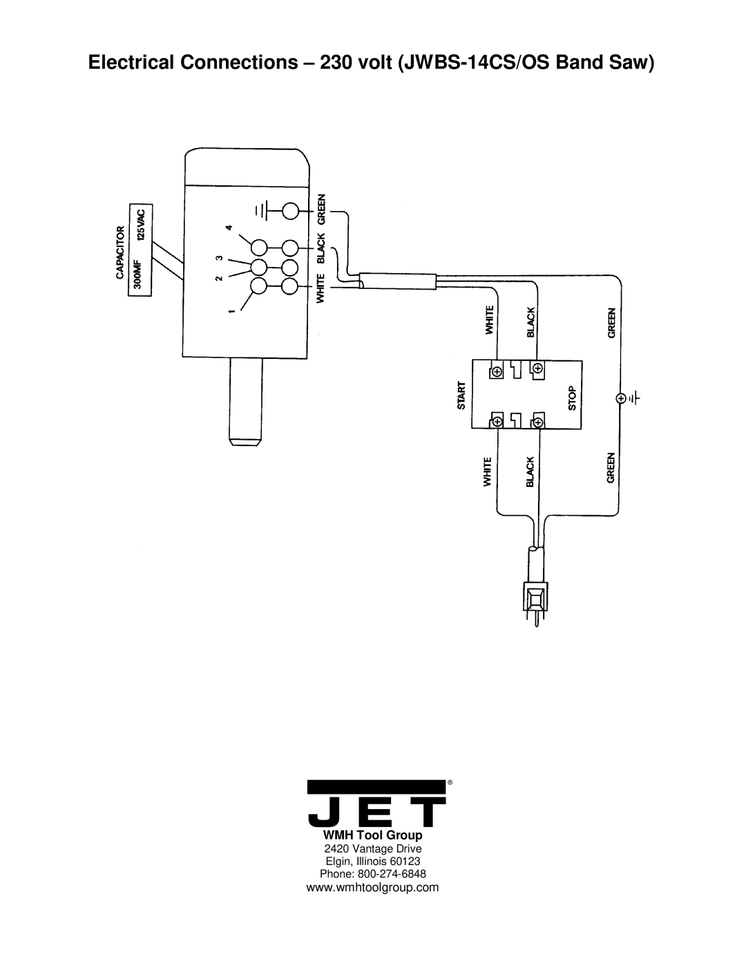 Jet Tools JWBS-14OS operating instructions Electrical Connections 230 volt JWBS-14CS/OS Band Saw, WMH Tool Group 