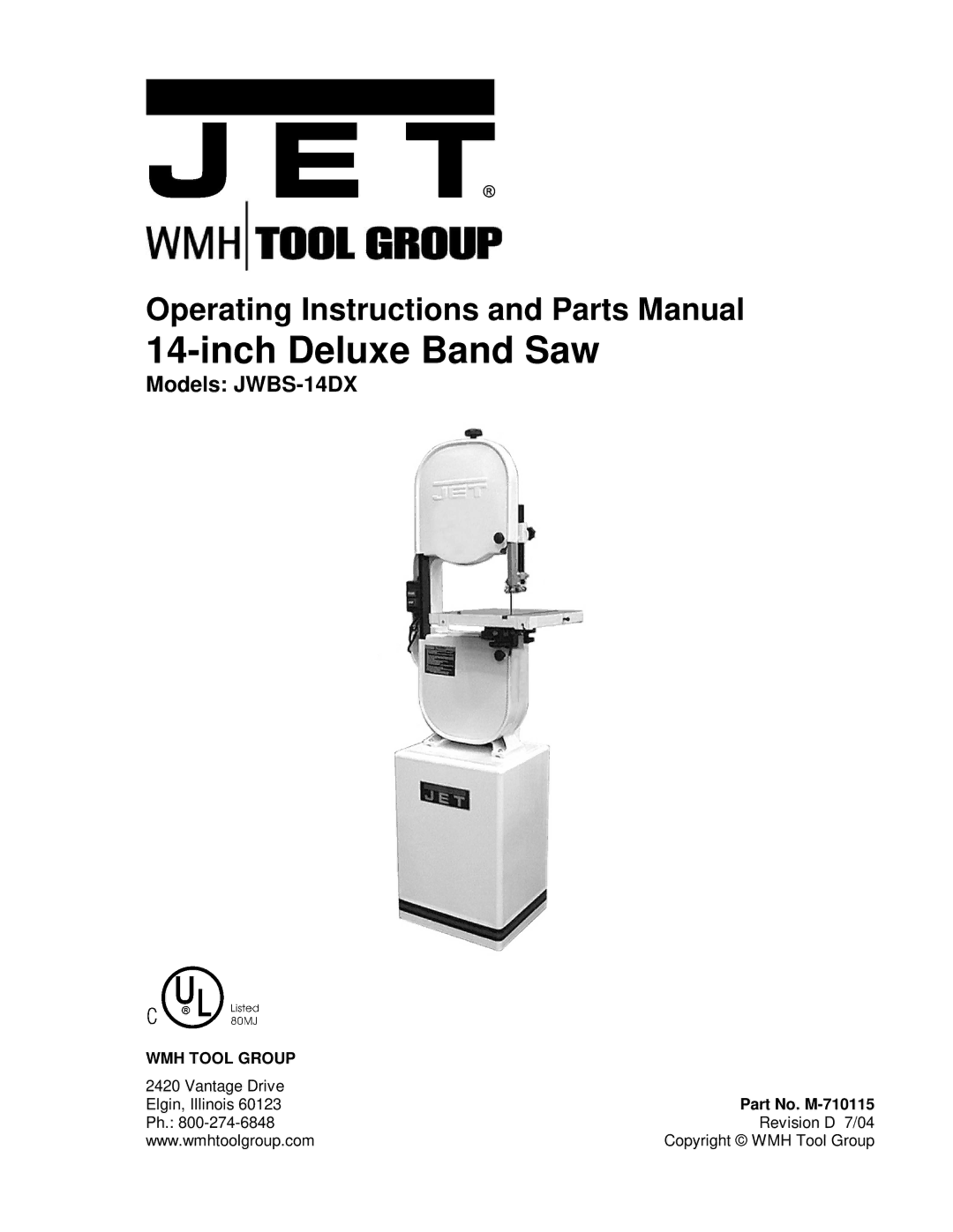 Jet Tools JWBS-14DX operating instructions Inch Deluxe Band Saw, Part No. M-710115 