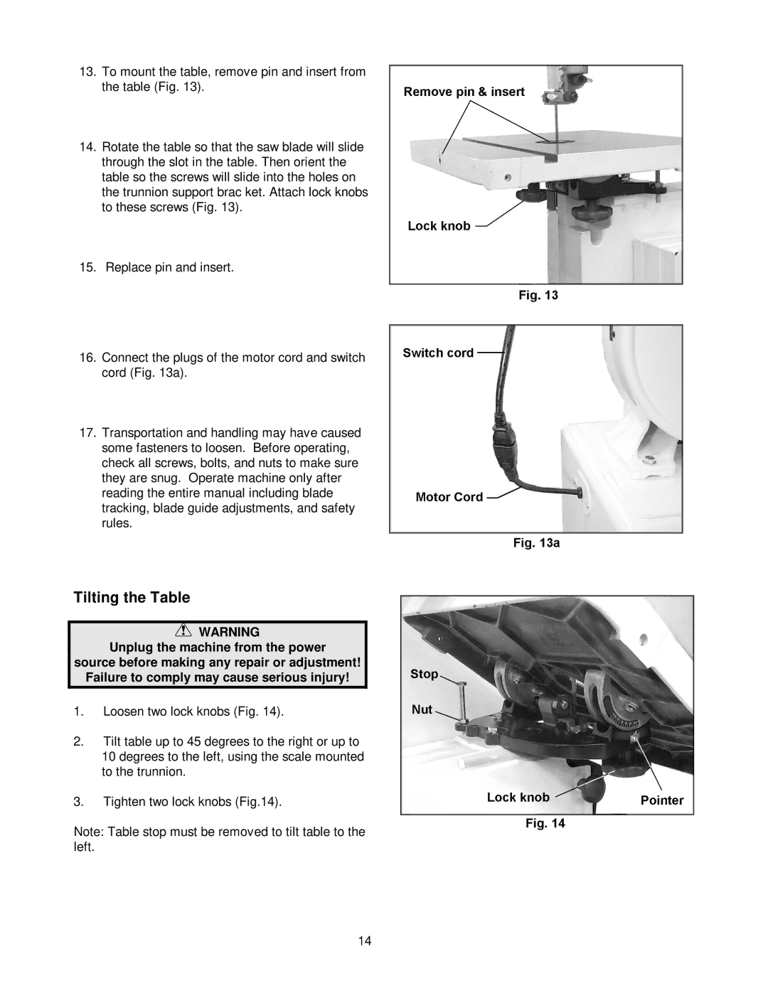 Jet Tools JWBS-14DX operating instructions Tilting the Table 