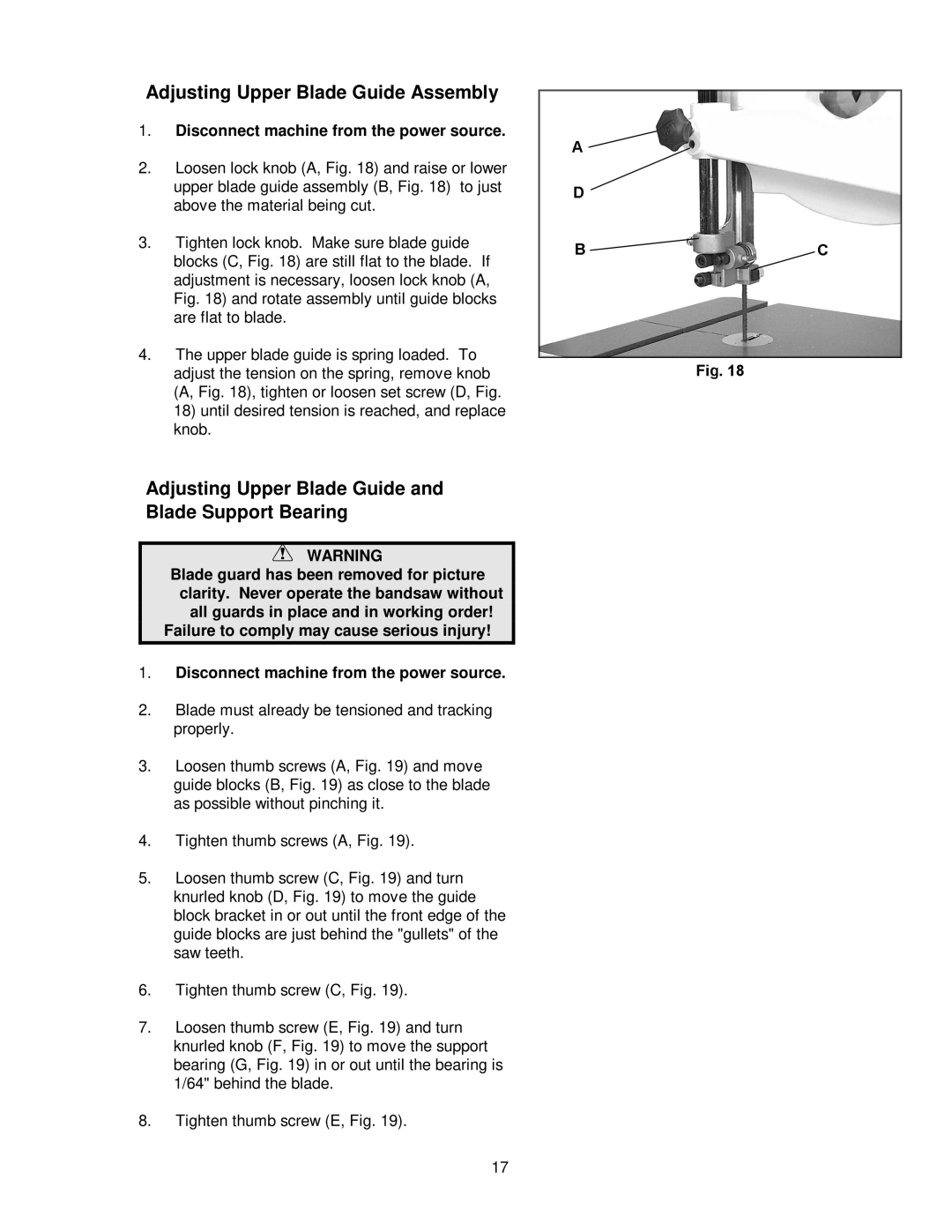 Jet Tools JWBS-14DX Adjusting Upper Blade Guide Assembly, Adjusting Upper Blade Guide and Blade Support Bearing 