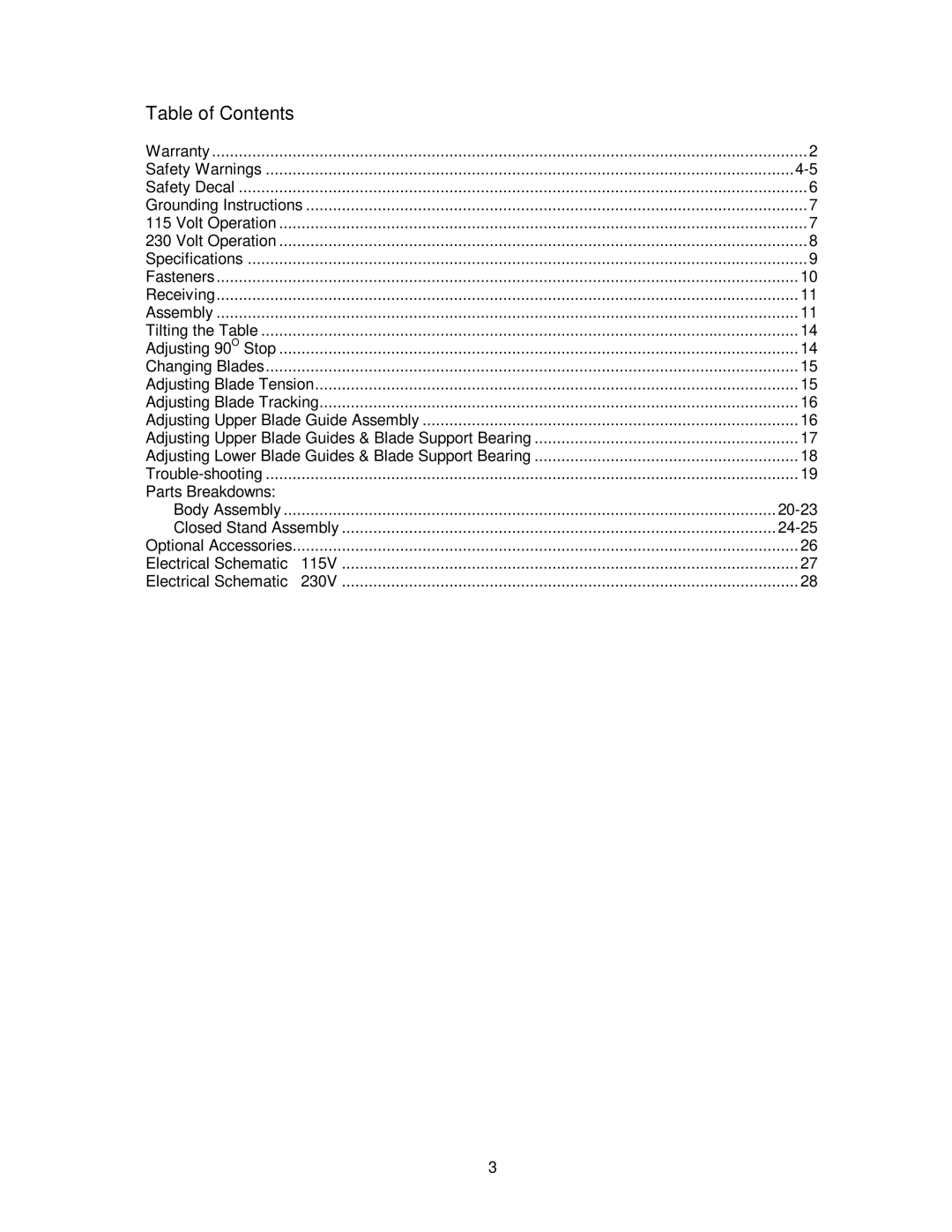 Jet Tools JWBS-14DX operating instructions Table of Contents 