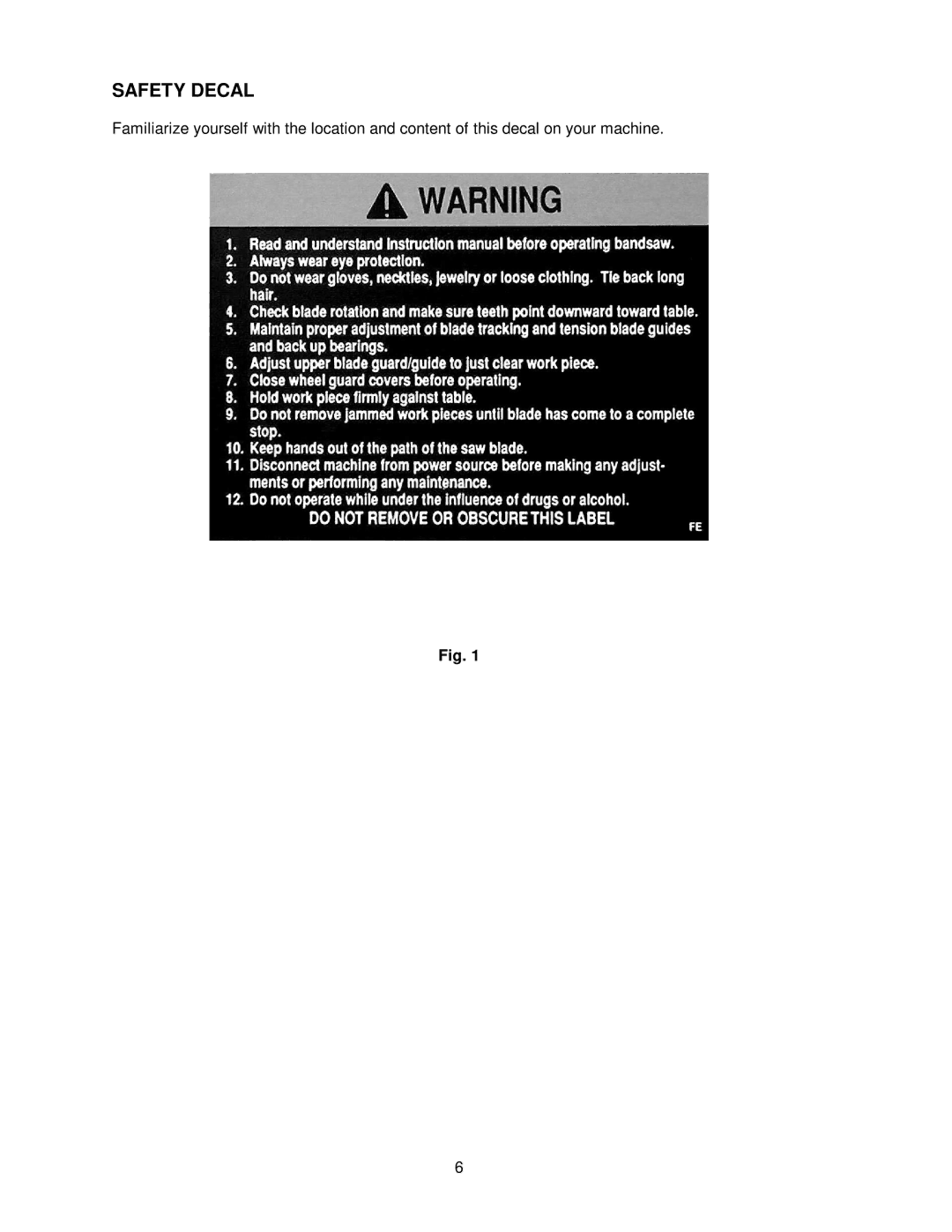 Jet Tools JWBS-14DX operating instructions Safety Decal 