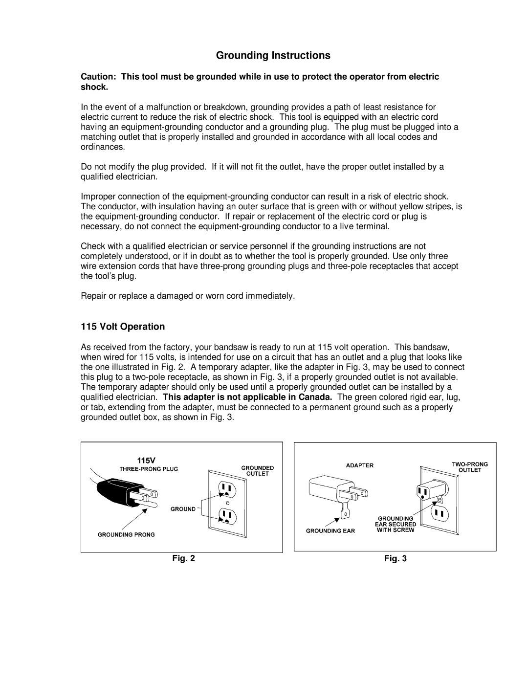 Jet Tools JWBS-14DX operating instructions Grounding Instructions, Volt Operation 