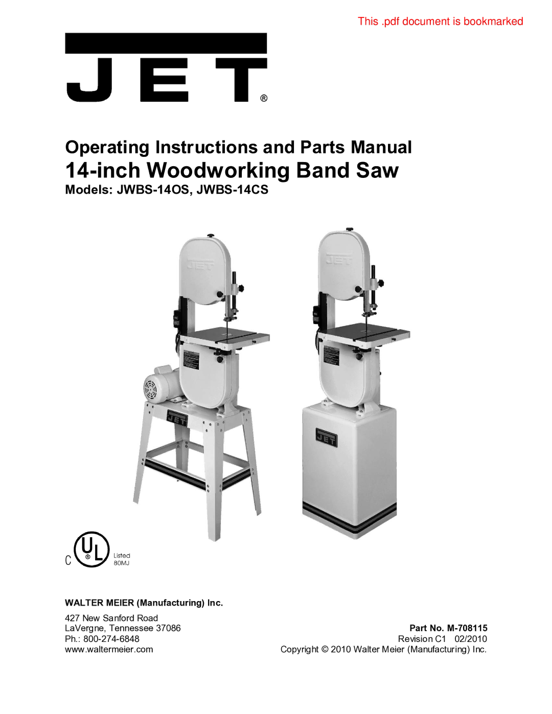 Jet Tools JWBS-14OCS operating instructions Walter Meier Manufacturing Inc, Part No. M-708115 