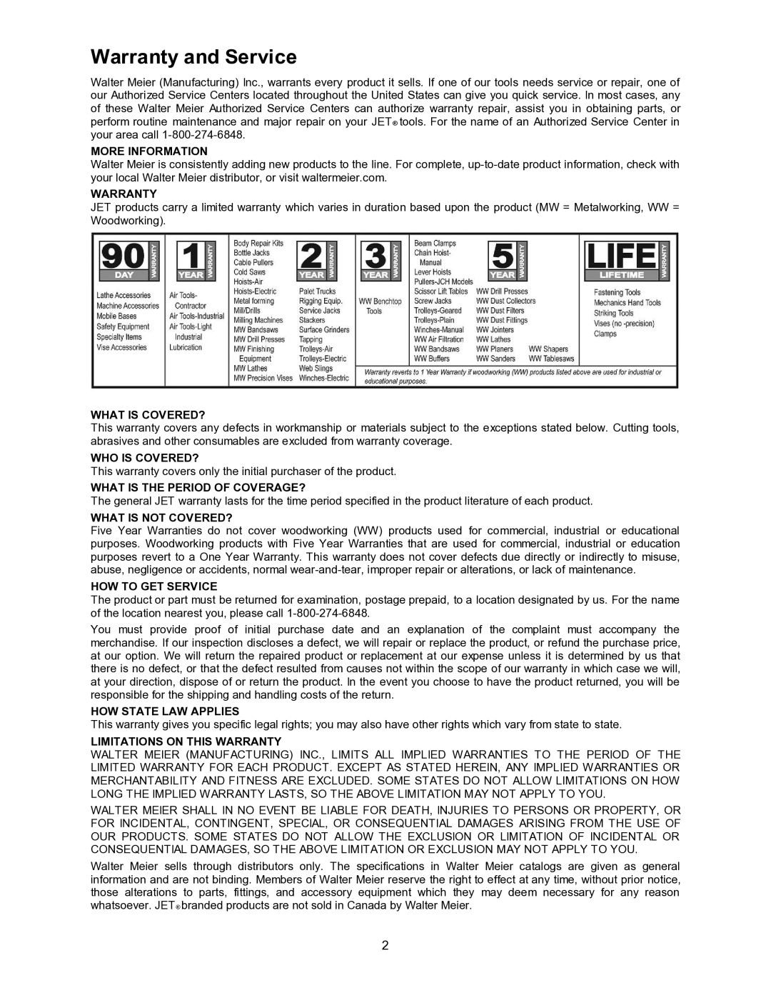 Jet Tools JWBS-14OCS operating instructions Warranty and Service, More Information 