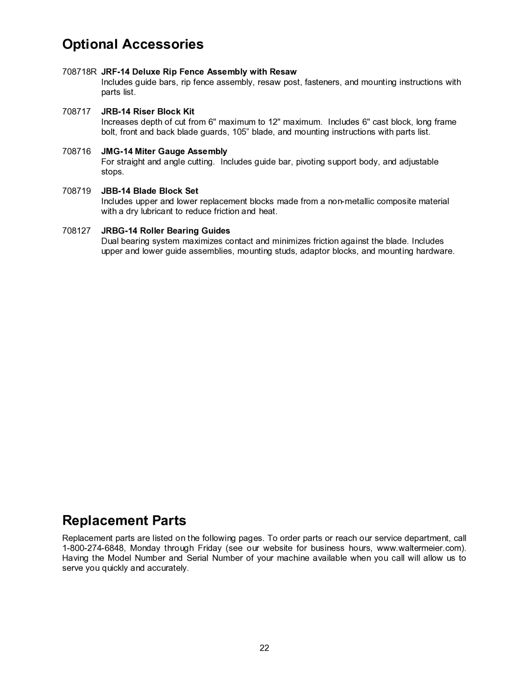 Jet Tools JWBS-14OCS operating instructions Optional Accessories, Replacement Parts 